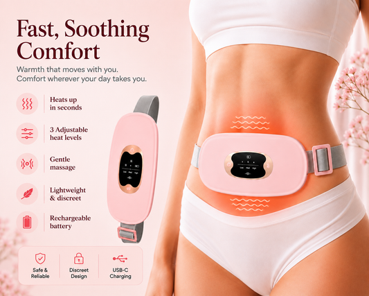 Cramp relief belt worn on lower abdomen with heat and vibration therapy — 3 heat levels, rechargeable, discreet design